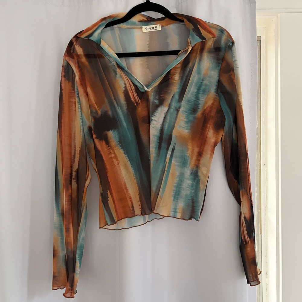 Ginger G Abstract Brushstroke Mesh Blouse in Teal & Brown